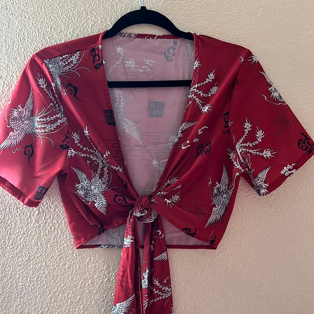 Red Low cut Shirt with Tie Front & Dragon print